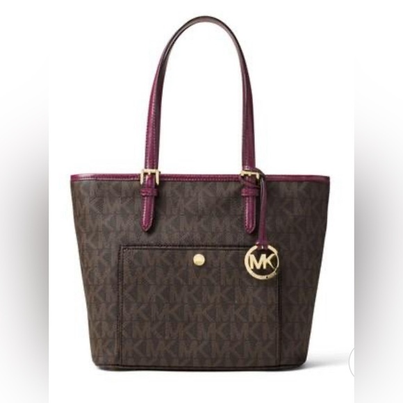 MICHAEL KORS Jet Set Travel Medium Canvas Leather Tote Brown/Red AUTHENTIC - Picture 9 of 10